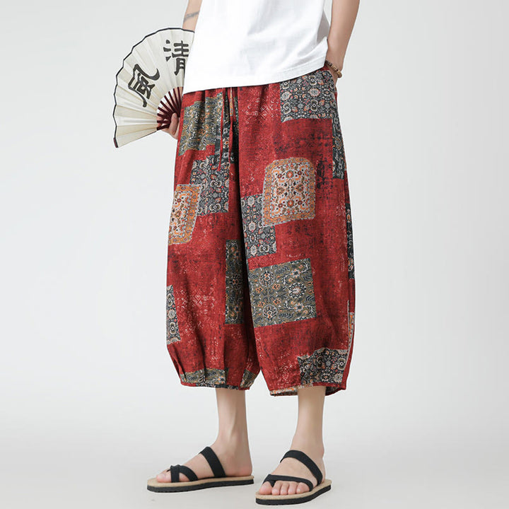 Pantaloni da uomo in cotone e lino, con tasche, lunghezza 7-8, quadrati estivi, patchwork, elefante, mandala , Buddha Stones