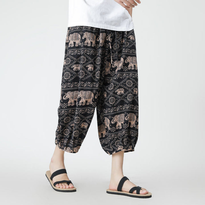 Pantaloni da uomo in cotone e lino, con tasche, lunghezza 7-8, quadrati estivi, patchwork, elefante, mandala , Buddha Stones
