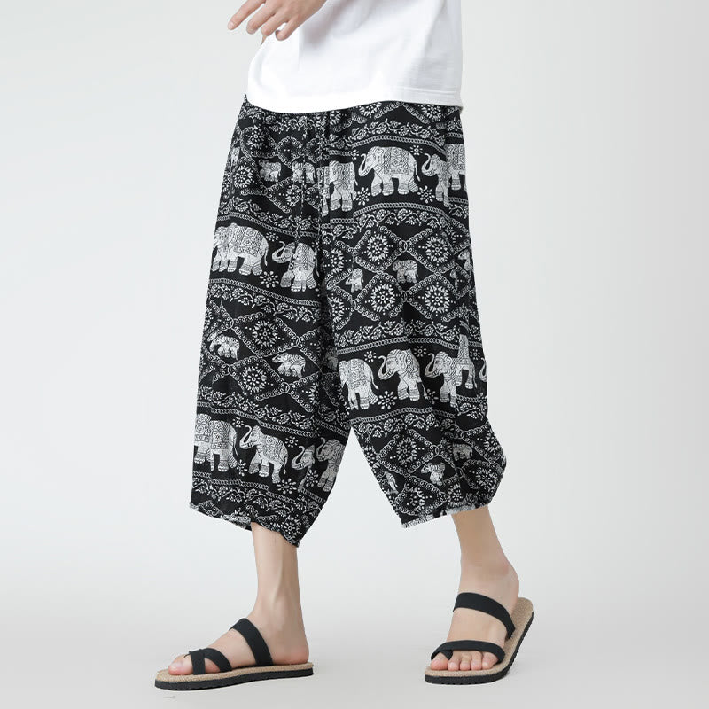 Pantaloni da uomo in cotone e lino, con tasche, lunghezza 7-8, quadrati estivi, patchwork, elefante, mandala , Buddha Stones