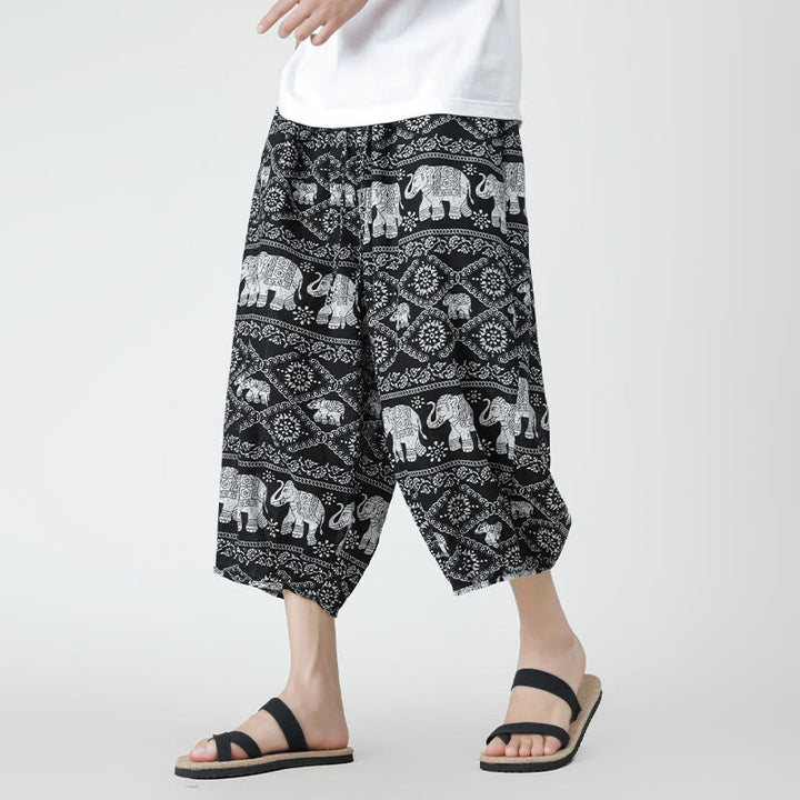 Pantaloni da uomo in cotone e lino, con tasche, lunghezza 7-8, quadrati estivi, patchwork, elefante, mandala , Buddha Stones
