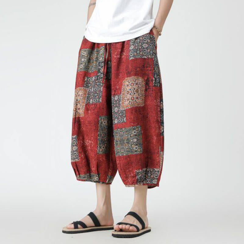 Pantaloni da uomo in cotone e lino, con tasche, lunghezza 7-8, quadrati estivi, patchwork, elefante, mandala , Buddha Stones