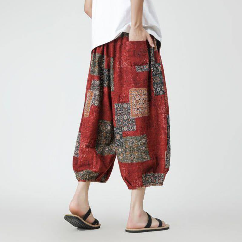 Pantaloni da uomo in cotone e lino, con tasche, lunghezza 7-8, quadrati estivi, patchwork, elefante, mandala , Buddha Stones
