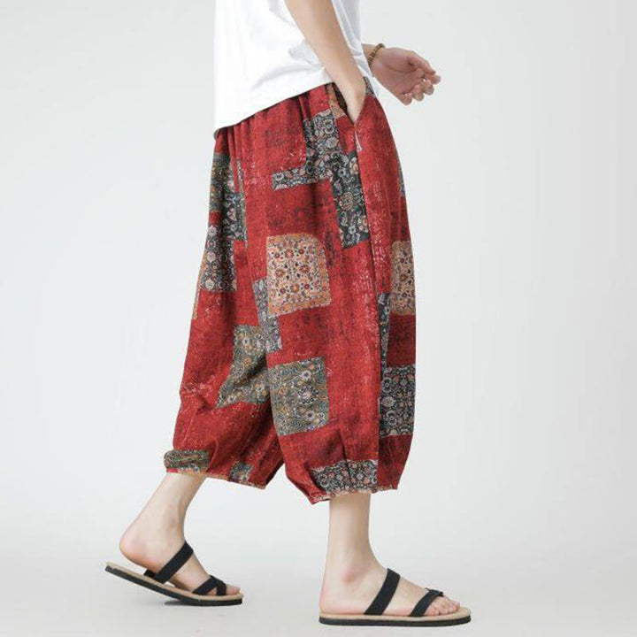Pantaloni da uomo in cotone e lino, con tasche, lunghezza 7-8, quadrati estivi, patchwork, elefante, mandala , Buddha Stones