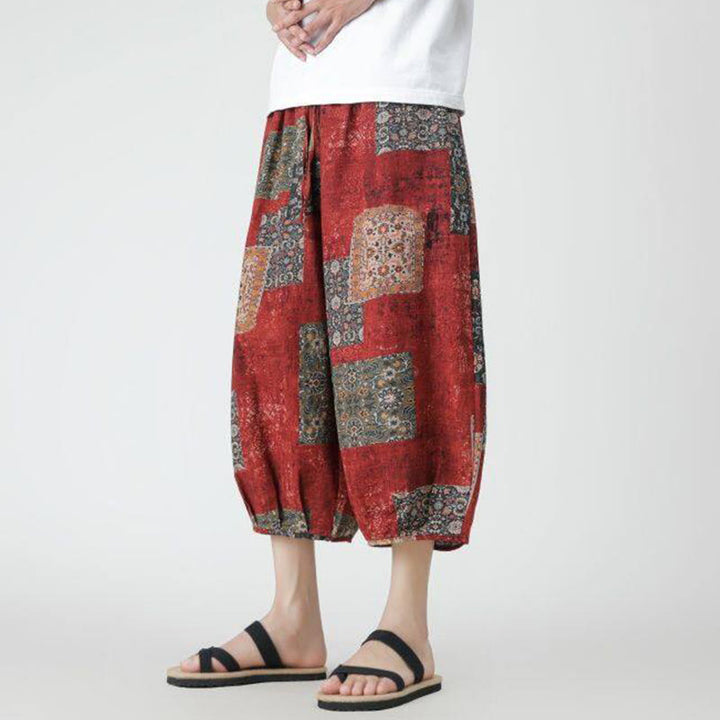 Pantaloni da uomo in cotone e lino, con tasche, lunghezza 7-8, quadrati estivi, patchwork, elefante, mandala , Buddha Stones