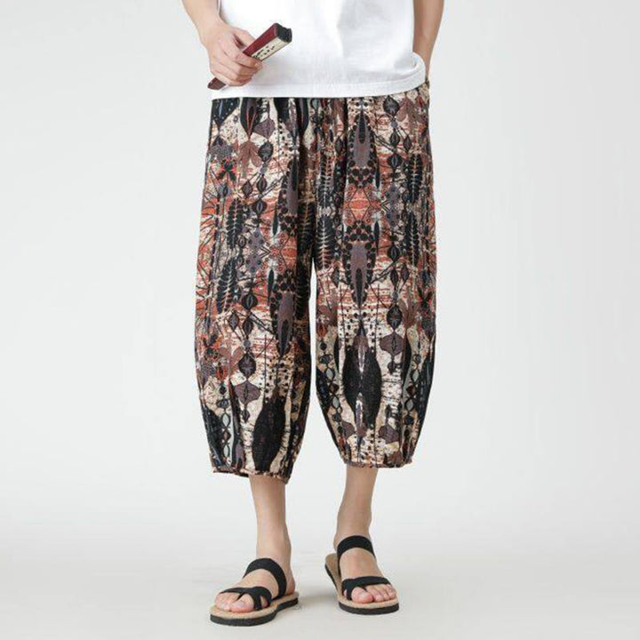 Pantaloni da uomo in cotone e lino, con tasche, lunghezza 7-8, quadrati estivi, patchwork, elefante, mandala , Buddha Stones