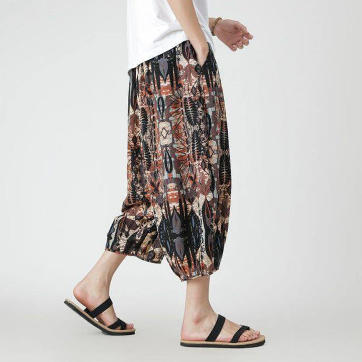 Pantaloni da uomo in cotone e lino, con tasche, lunghezza 7-8, quadrati estivi, patchwork, elefante, mandala , Buddha Stones