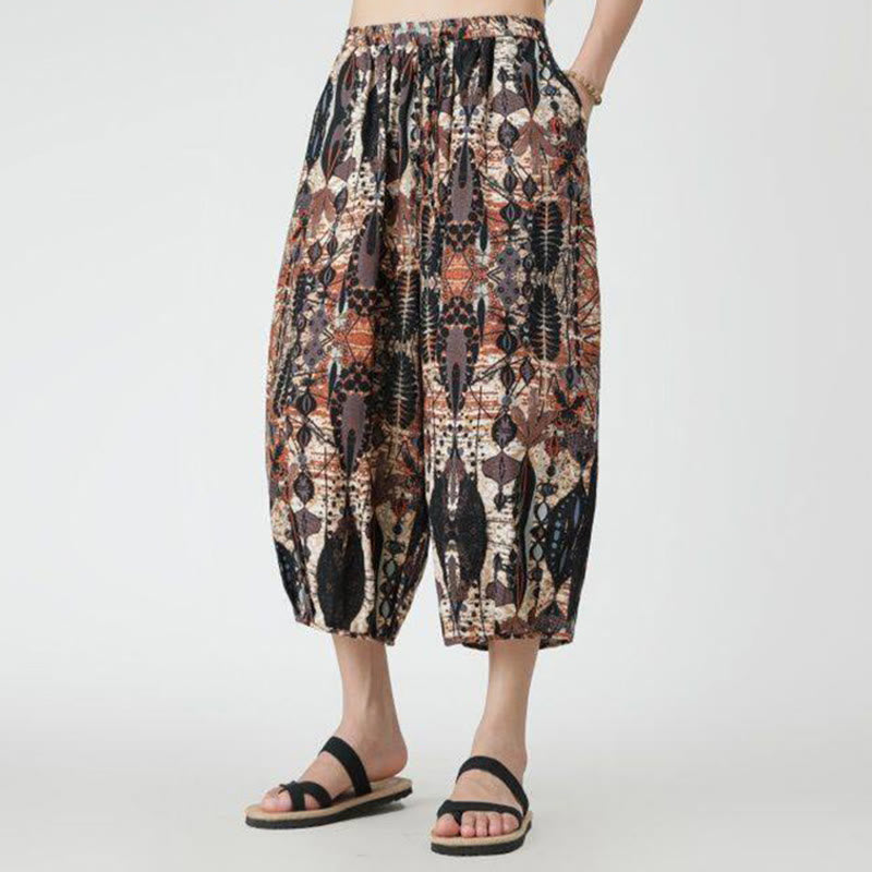 Pantaloni da uomo in cotone e lino, con tasche, lunghezza 7-8, quadrati estivi, patchwork, elefante, mandala , Buddha Stones