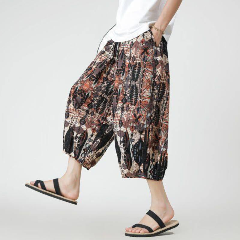 Pantaloni da uomo in cotone e lino, con tasche, lunghezza 7-8, quadrati estivi, patchwork, elefante, mandala , Buddha Stones