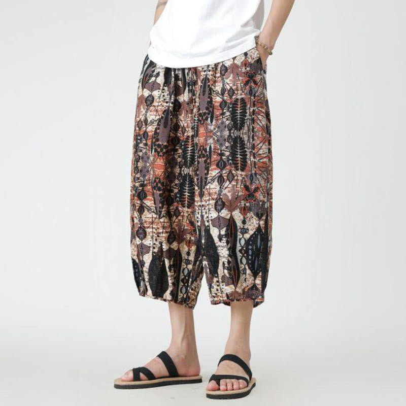 Pantaloni da uomo in cotone e lino, con tasche, lunghezza 7-8, quadrati estivi, patchwork, elefante, mandala , Buddha Stones