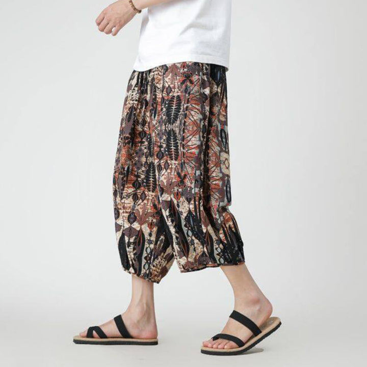 Pantaloni da uomo in cotone e lino, con tasche, lunghezza 7-8, quadrati estivi, patchwork, elefante, mandala , Buddha Stones