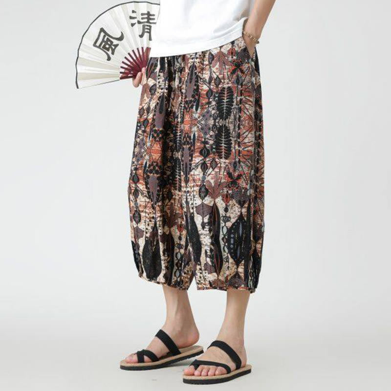 Pantaloni da uomo in cotone e lino, con tasche, lunghezza 7-8, quadrati estivi, patchwork, elefante, mandala , Buddha Stones