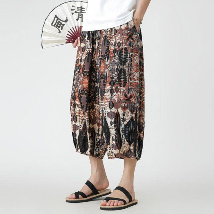 Pantaloni da uomo in cotone e lino, con tasche, lunghezza 7-8, quadrati estivi, patchwork, elefante, mandala , Buddha Stones