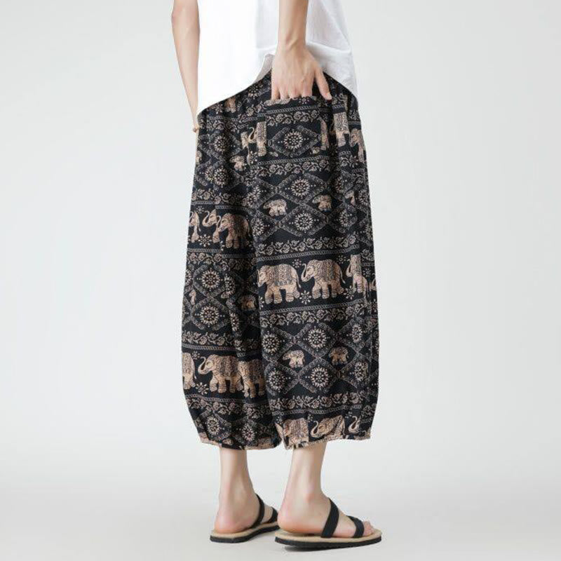 Pantaloni da uomo in cotone e lino, con tasche, lunghezza 7-8, quadrati estivi, patchwork, elefante, mandala , Buddha Stones