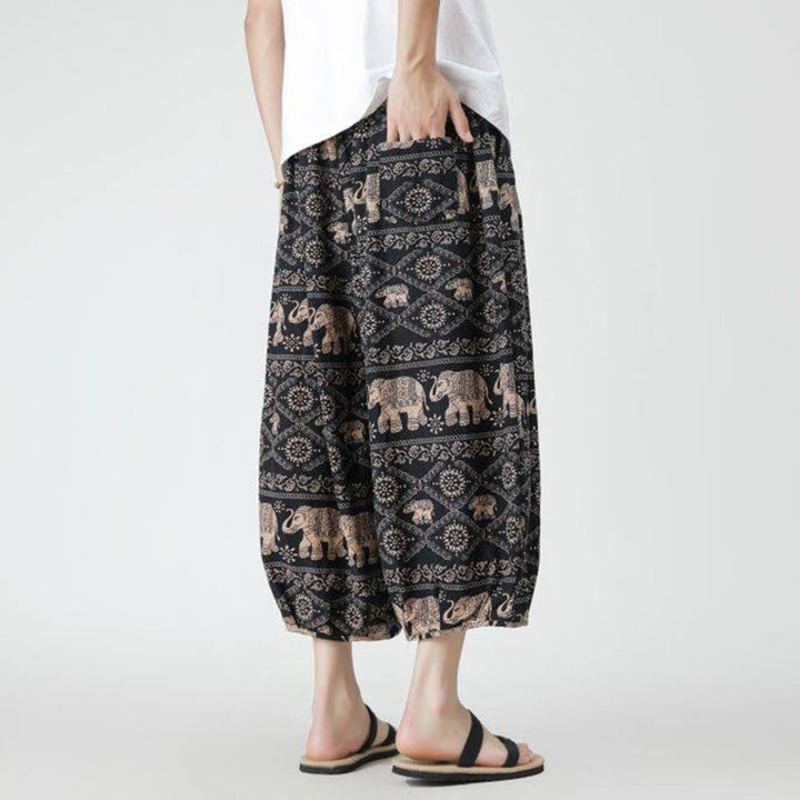 Pantaloni da uomo in cotone e lino, con tasche, lunghezza 7-8, quadrati estivi, patchwork, elefante, mandala , Buddha Stones