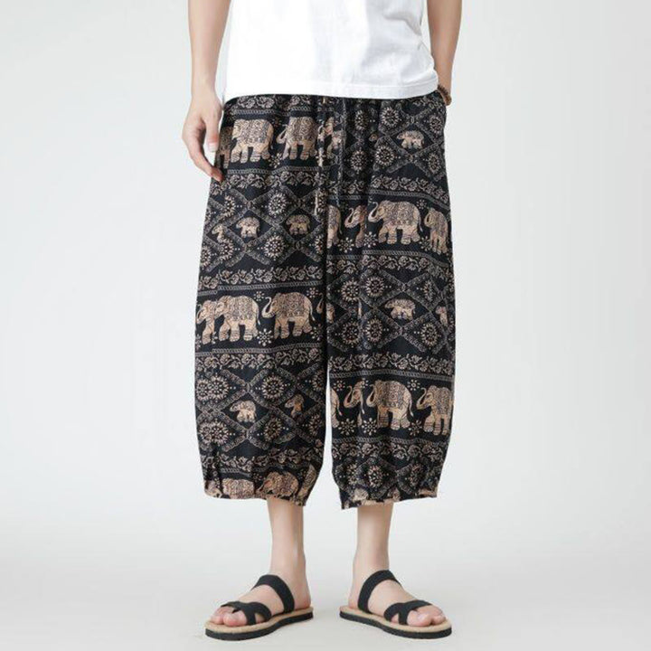 Pantaloni da uomo in cotone e lino, con tasche, lunghezza 7-8, quadrati estivi, patchwork, elefante, mandala , Buddha Stones