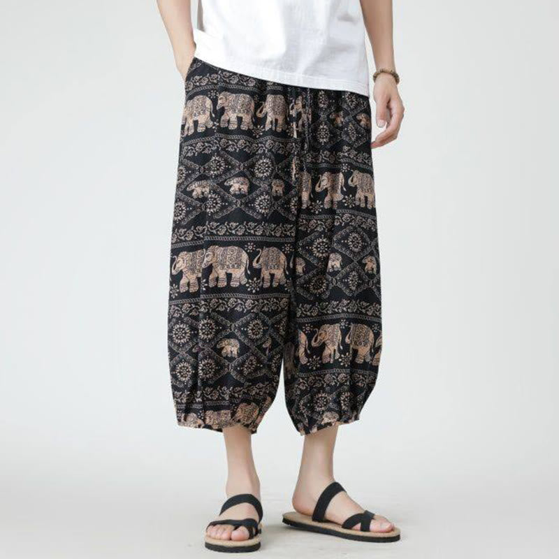Pantaloni da uomo in cotone e lino, con tasche, lunghezza 7-8, quadrati estivi, patchwork, elefante, mandala , Buddha Stones