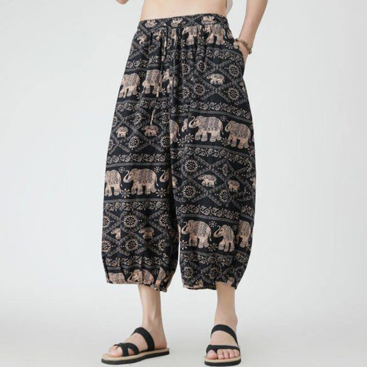 Pantaloni da uomo in cotone e lino, con tasche, lunghezza 7-8, quadrati estivi, patchwork, elefante, mandala , Buddha Stones