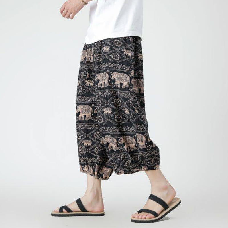 Pantaloni da uomo in cotone e lino, con tasche, lunghezza 7-8, quadrati estivi, patchwork, elefante, mandala , Buddha Stones