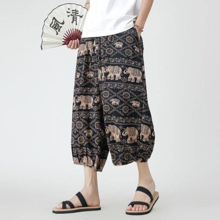 Pantaloni da uomo in cotone e lino, con tasche, lunghezza 7-8, quadrati estivi, patchwork, elefante, mandala , Buddha Stones