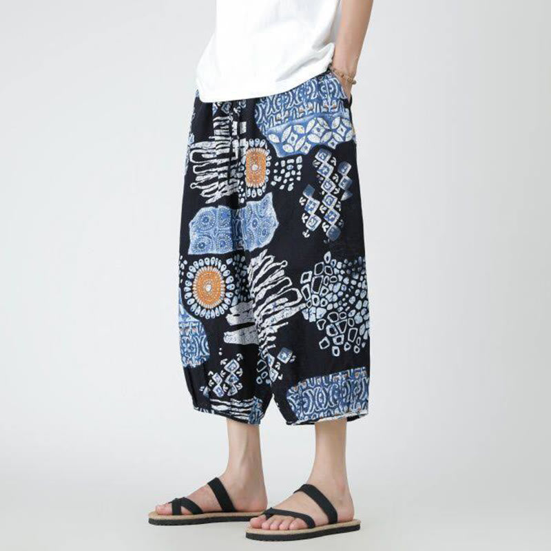 Pantaloni da uomo in cotone e lino, con tasche, lunghezza 7-8, quadrati estivi, patchwork, elefante, mandala , Buddha Stones