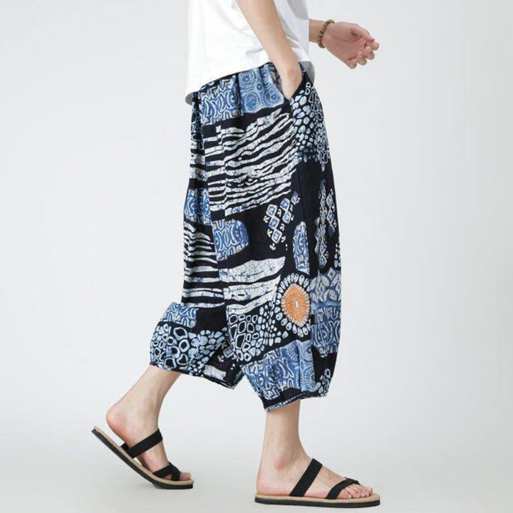 Pantaloni da uomo in cotone e lino, con tasche, lunghezza 7-8, quadrati estivi, patchwork, elefante, mandala , Buddha Stones