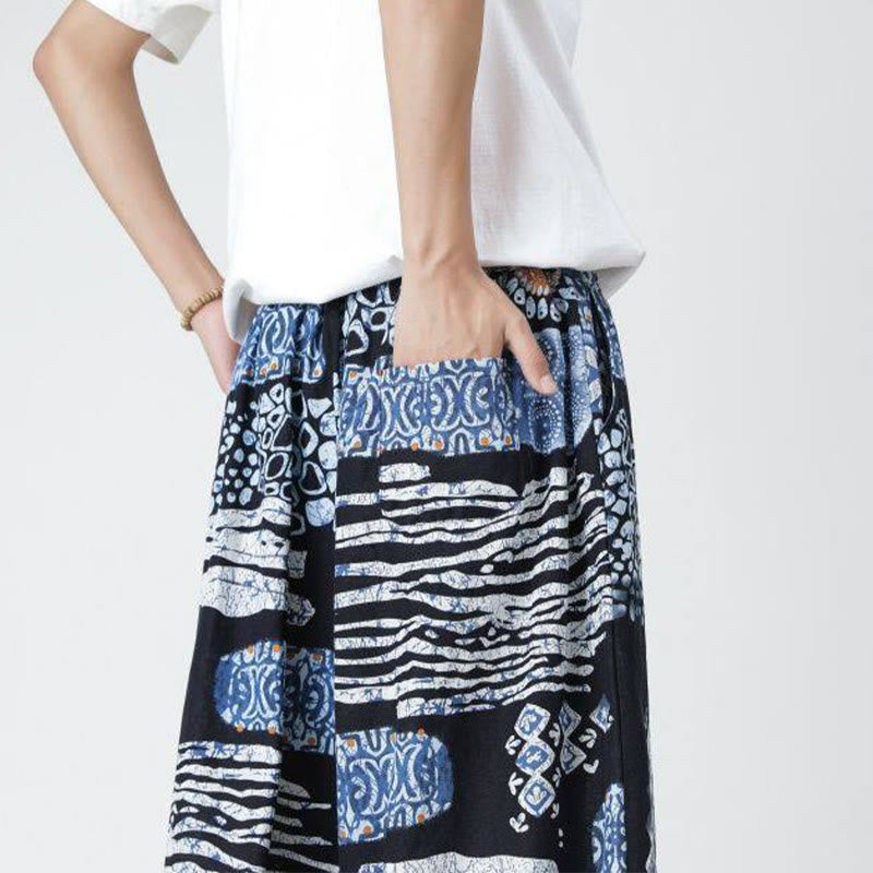 Pantaloni da uomo in cotone e lino, con tasche, lunghezza 7-8, quadrati estivi, patchwork, elefante, mandala , Buddha Stones