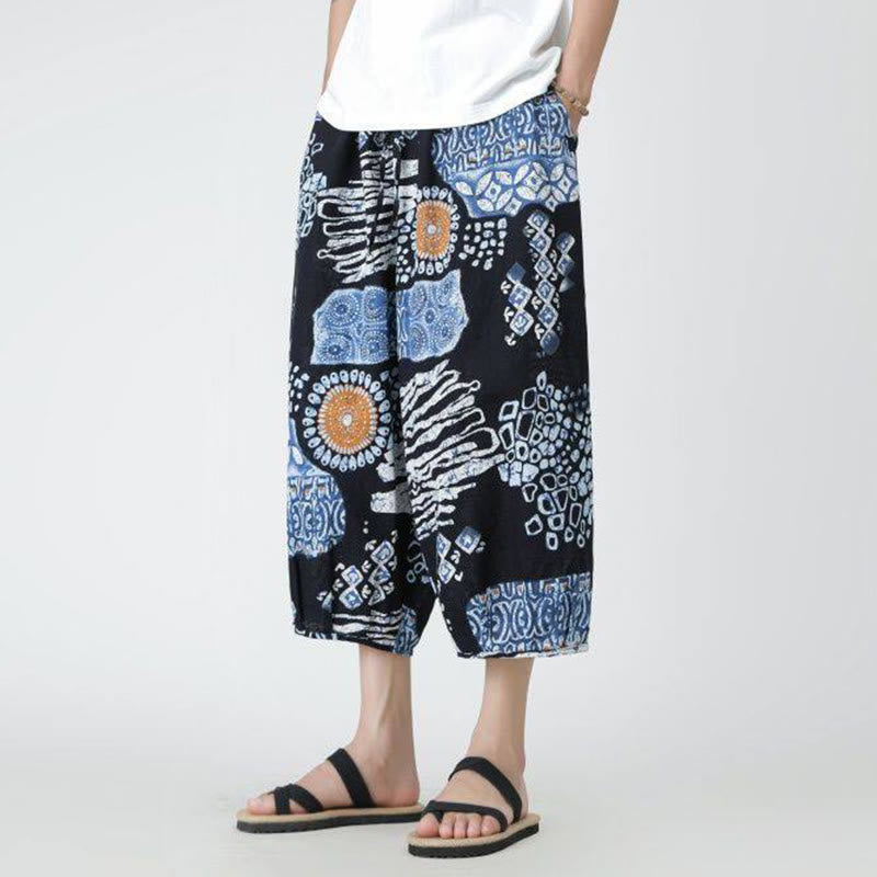 Pantaloni da uomo in cotone e lino, con tasche, lunghezza 7-8, quadrati estivi, patchwork, elefante, mandala , Buddha Stones