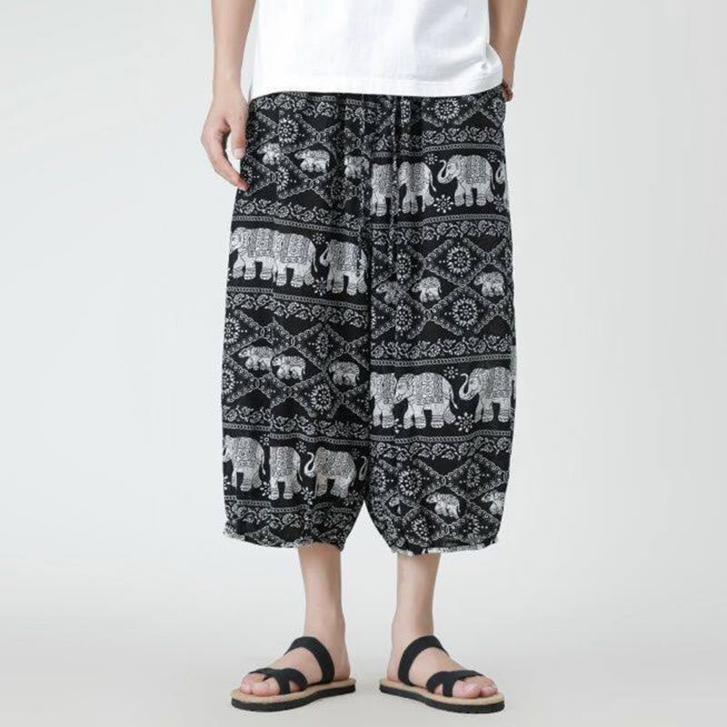 Pantaloni da uomo in cotone e lino, con tasche, lunghezza 7-8, quadrati estivi, patchwork, elefante, mandala , Buddha Stones