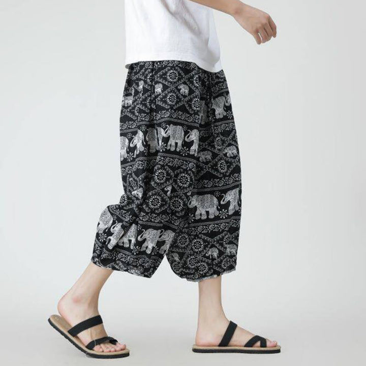 Pantaloni da uomo in cotone e lino, con tasche, lunghezza 7-8, quadrati estivi, patchwork, elefante, mandala , Buddha Stones
