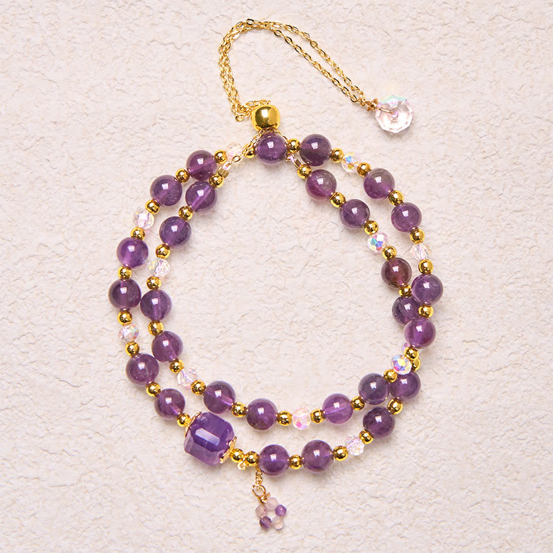 Bracciale a doppio giro per meditazione e guarigione con perline quadrate di ametista naturale Buddha Stones