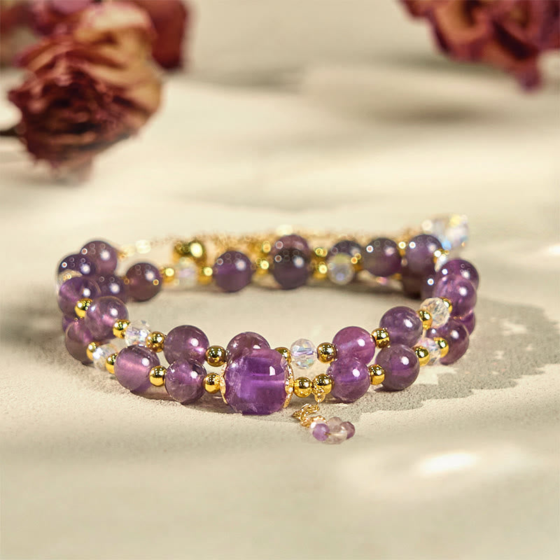 Bracciale a doppio giro per meditazione e guarigione con perline quadrate di ametista naturale Buddha Stones