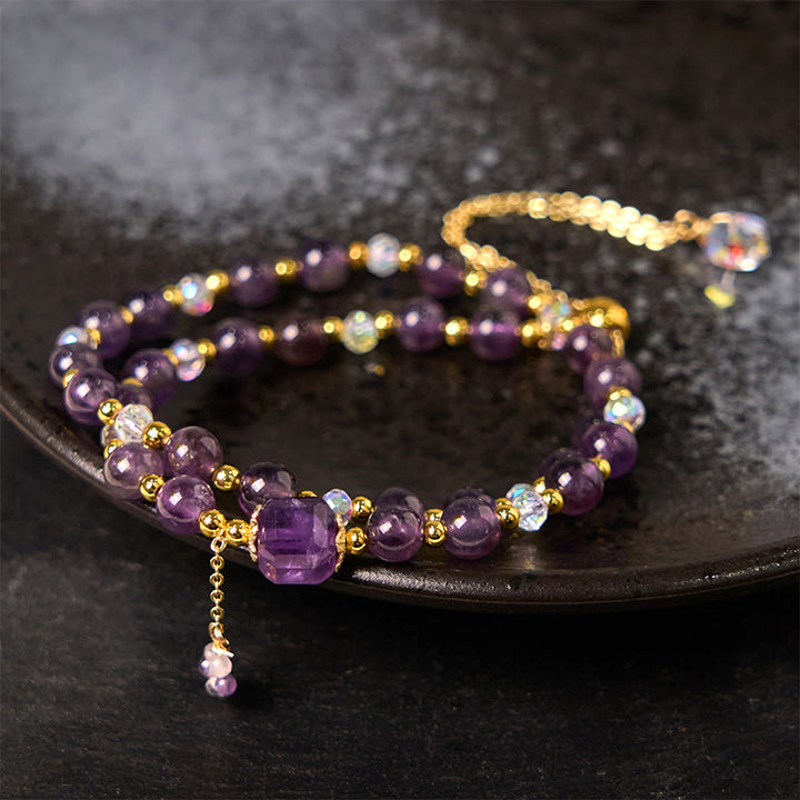 Bracciale a doppio giro per meditazione e guarigione con perline quadrate di ametista naturale Buddha Stones