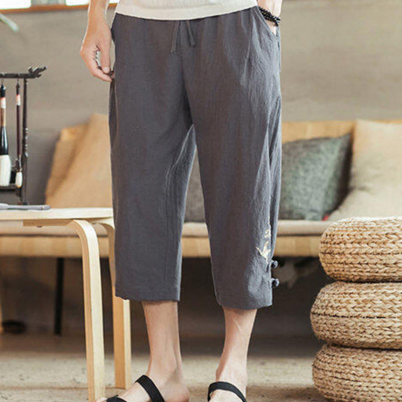 Buddha Stones Pantaloni harem da uomo in cotone con ricamo a gru e tasche - image 12