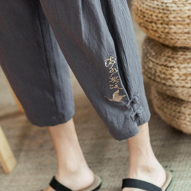 Buddha Stones Pantaloni harem da uomo in cotone con ricamo a gru e tasche - image 21