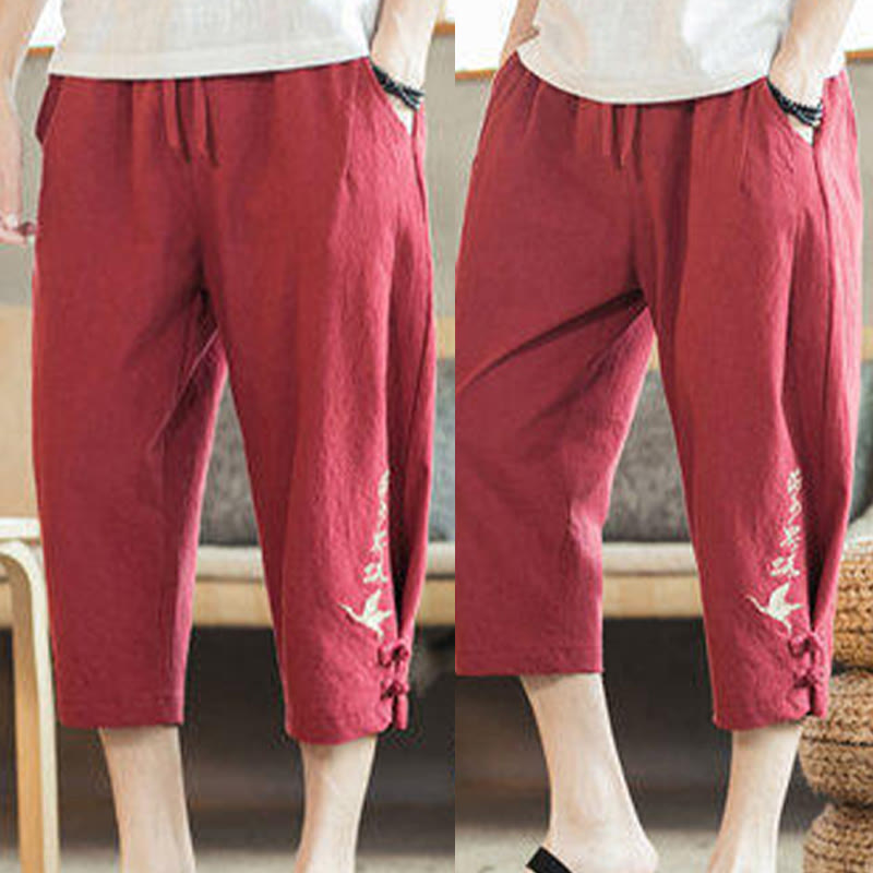 Buddha Stones Pantaloni harem da uomo in cotone con ricamo a gru e tasche - image 34