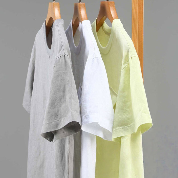 Camicia da uomo in lino a maniche corte con scollo rotondo e design semplice con taschino Buddha Stones - image 13
