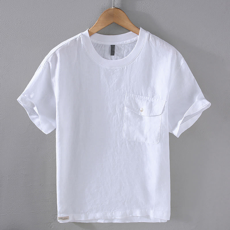 Camicia da uomo in lino a maniche corte con scollo rotondo e design semplice con taschino Buddha Stones - Bianco - US/UK/AU42, EU52 (3XL) - image 12