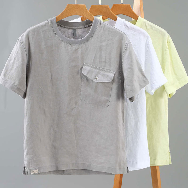 Camicia da uomo in lino a maniche corte con scollo rotondo e design semplice con taschino Buddha Stones - image 14