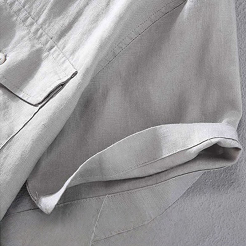 Camicia da uomo in lino a maniche corte con scollo rotondo e design semplice con taschino Buddha Stones - image 9