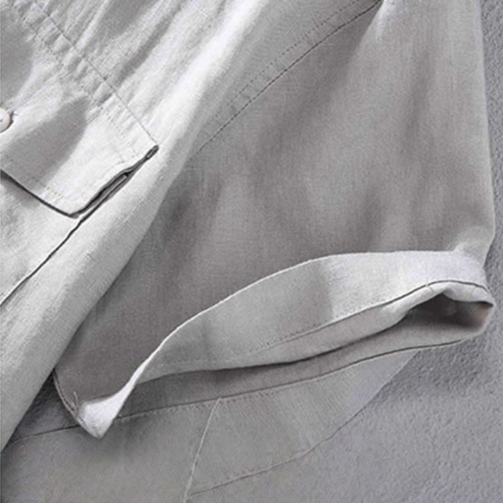 Camicia da uomo in lino a maniche corte con scollo rotondo e design semplice con taschino Buddha Stones - image 9