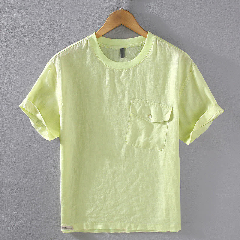 Camicia da uomo in lino a maniche corte con scollo rotondo e design semplice con taschino Buddha Stones - VerdeGiallo - US/UK/AU42, EU52 (3XL) - image 11