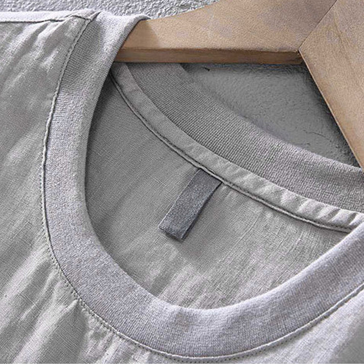 Camicia da uomo in lino a maniche corte con scollo rotondo e design semplice con taschino Buddha Stones - image 4
