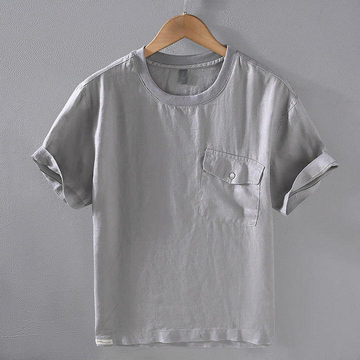 Camicia da uomo in lino a maniche corte con scollo rotondo e design semplice con taschino Buddha Stones - Grigio scuro - US/UK/AU42, EU52 (3XL) - image 1