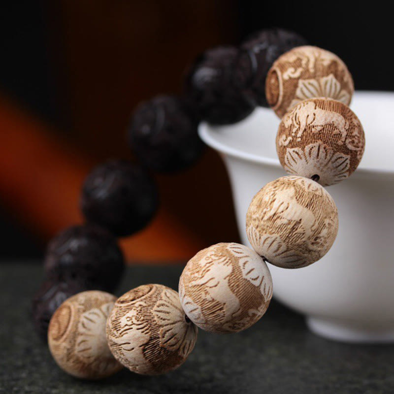 Bracciale della pace inciso Buddha Stones, legno di ebano, legno di canfora e Yin Yang, bue - image 2