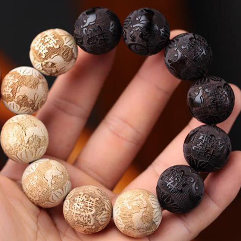 Bracciale della pace inciso Buddha Stones, legno di ebano, legno di canfora e Yin Yang, bue - image 5