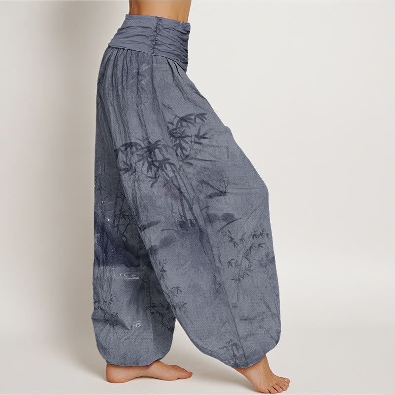 Pantaloni harem elastici in vita da donna, con pittura a inchiostro, in bambù e pietre Buddha Stones - image 2