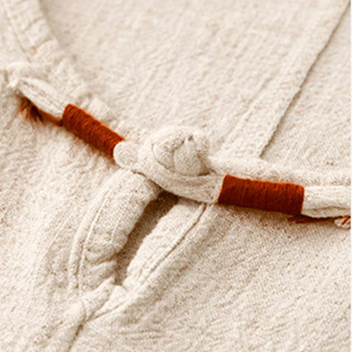Camicia da donna in lino e cotone con maniche a mezza manica, con tasche, spacchi laterali e bottoni a rana, color block Buddha Stones - image 4