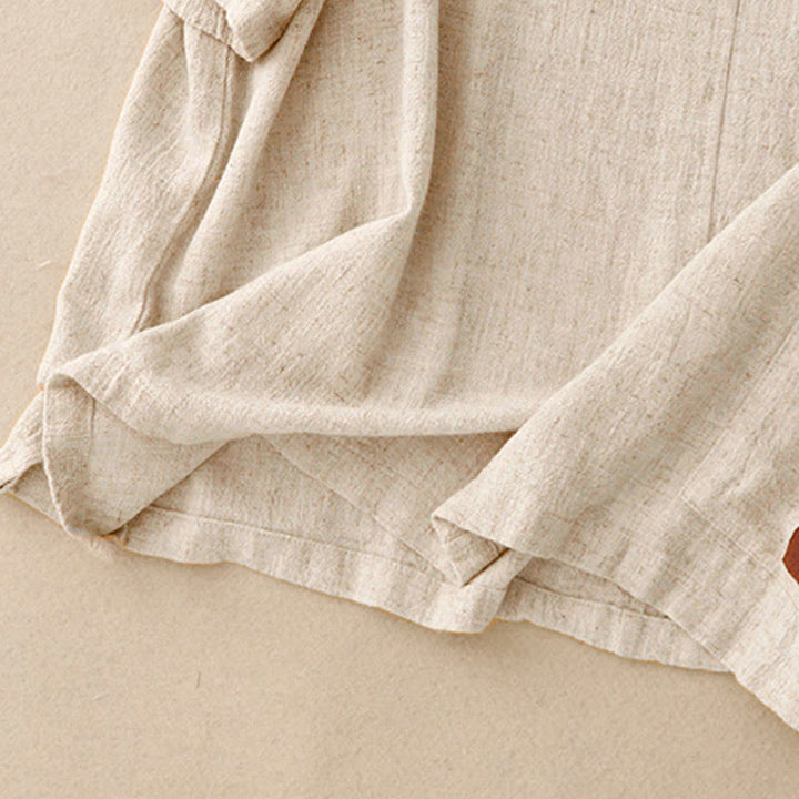 Camicia da donna in lino e cotone con maniche a mezza manica, con tasche, spacchi laterali e bottoni a rana, color block Buddha Stones - image 6
