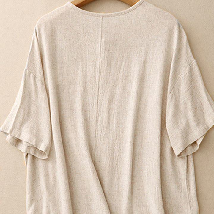 Camicia da donna in lino e cotone con maniche a mezza manica, con tasche, spacchi laterali e bottoni a rana, color block Buddha Stones - image 2