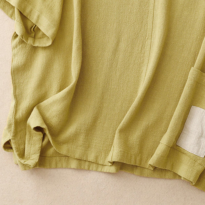 Camicia da donna in lino e cotone con maniche a mezza manica, con tasche, spacchi laterali e bottoni a rana, color block Buddha Stones - image 14